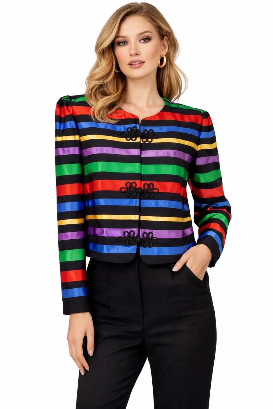 Vintage 1980s Maggy London Rainbow Stripe Frog Closure Jacket medium